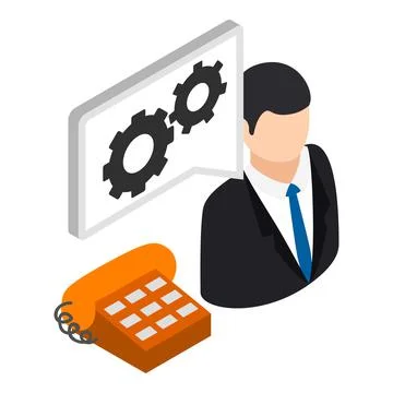 Technical support icon isometric vector. Male consultant and landline telephone Stock Illustration