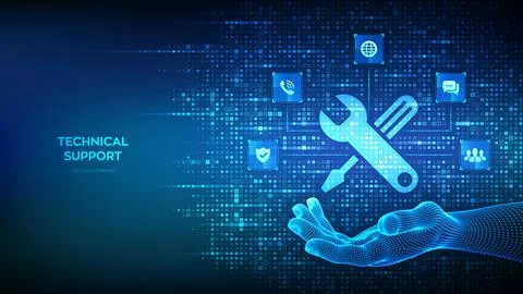 Technical support icon made with binary code in hand. Online tech support con Illustrazione stock