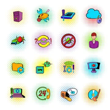 Technical support icons, comics style Stock Illustration