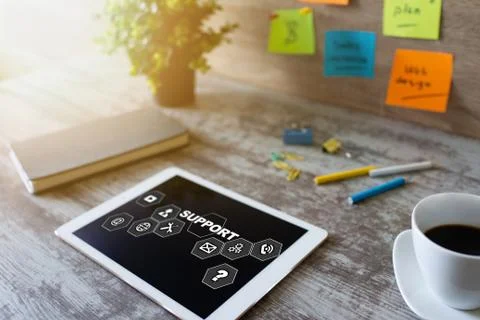 Technical support icons on screen. Call to help center. Internet and technology Stock Photos