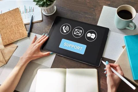 Technical support icons on screen. Call to help center. Internet and technology Stock-Fotos