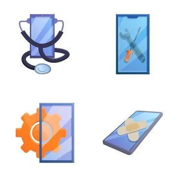 Technical support icons set cartoon vector. Service of software smartphone Stock Illustration