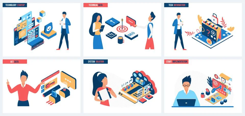 Technical support, information and data for startup implementation, system Stock Illustration