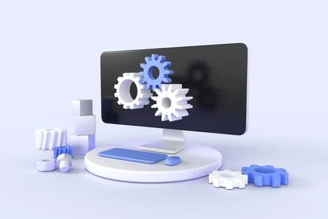 Technical support isometric 3d render. Computer service with gears on pc screen Stock Illustration