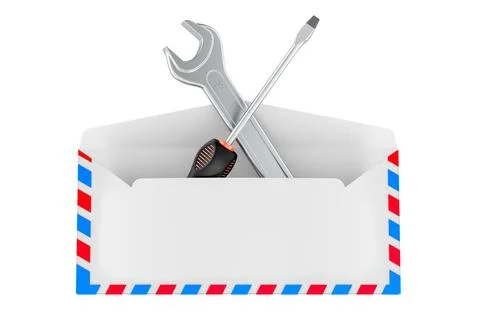 Technical support mail. Open envelope with wrench and screwdriver. 3D renderi Stock Illustration