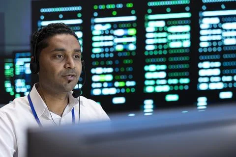 Technical support, man and headset with communication in data center Stock Photos