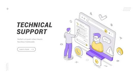 Technical support online service isometric banner template. Vector illustrati Stock Illustration