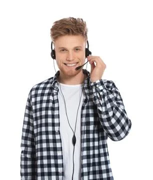 Technical support operator with headset on white background Stock Photos