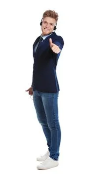 Technical support operator with headset on white background Stock Photos