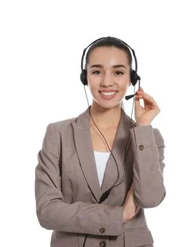 Technical support operator with headset on white background Stock Photos