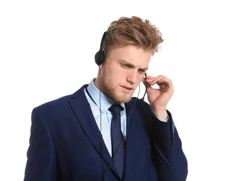 Technical support operator with headset on white background Stock Photos