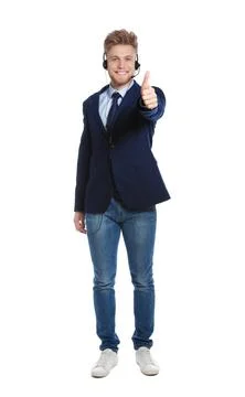 Technical support operator with headset on white background Stock Photos