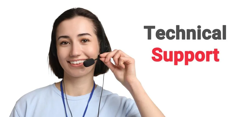 Technical support. Operator with headset on white background, banner design Stock Photos
