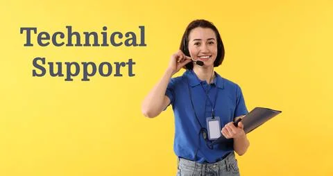 Technical support. Operator with headset on yellow background, banner design Stock Photos