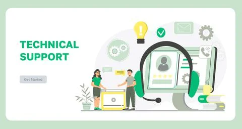 Technical support or call center concept vector. Big headphone and monitor ar Stock Illustration