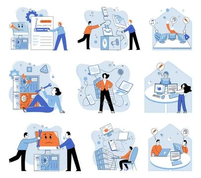 Technical support. Professionals in field technology employ various techniques Stock-Illustration