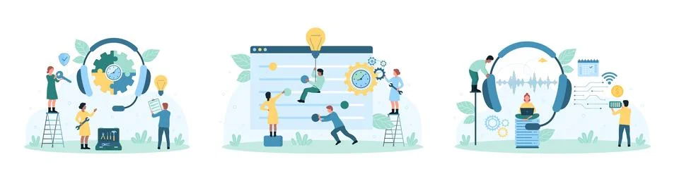 Technical support service set, tiny people move sliders to set up software and Stock Illustration