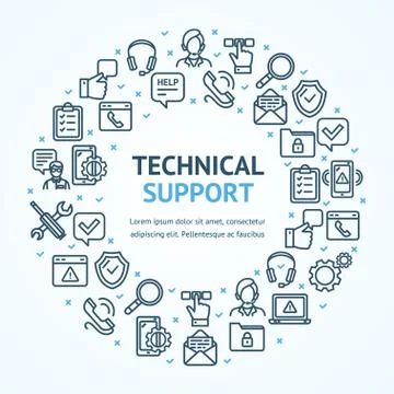 Technical Support Signs Round Design Template Thin Line Icon Banner Concept Illustrazione stock