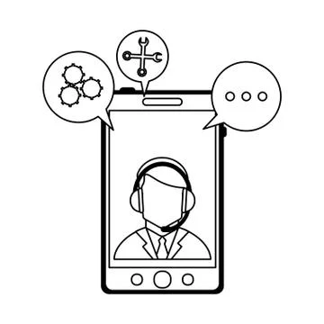Technical support from smartphone in black and white Illustrazione stock