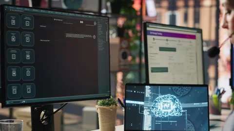 Technical support specialist in call center office using AI chatbot Stock Footage 305394447