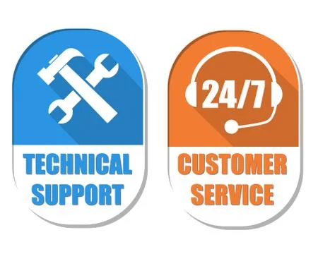 Technical support with tools sign and 24/7 customer service, two elliptical l Stock Illustration