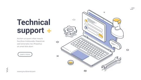Technical support web banner with IT specialist, laptop, and tools for custom Illustrazione stock