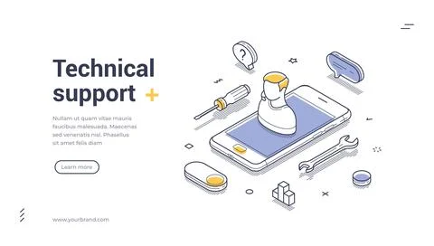 Technical support web banner template featuring isometric design and tools Stock Illustration