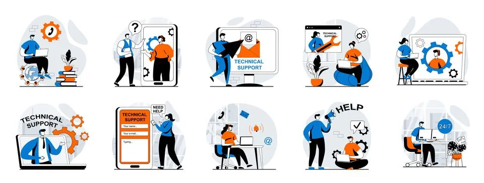 Technical support web concept with people scenes mega set in flat design. Bun Stock Illustration