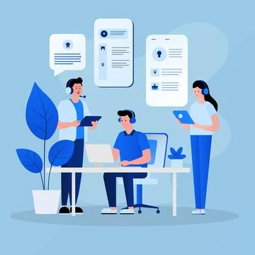 Technical team support concept with people flat vector blue color illustration. Stock Illustration