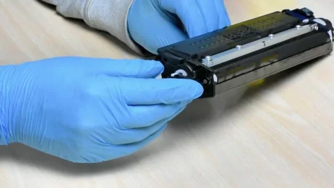 Technical Toner Cartridge Handling on Light Wood Background Video stock 320155672