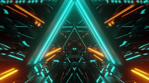 Technical triangle space ship hangar tunnel corridor with glass windows 3d Stock Footage 122336890