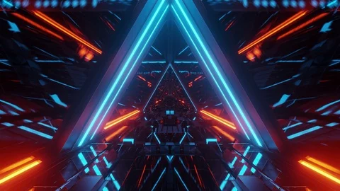 Technical triangle space ship hangar tunnel corridor with glass windows 3d Stock Footage 122337372