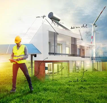 Technical at work with a building of a new house Stock Photos