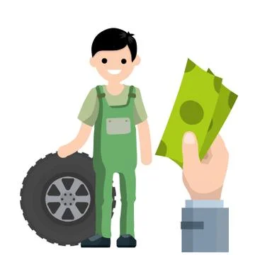 Technical work. Man in green jumpsuit. Big hand with green money. Stock Illustration