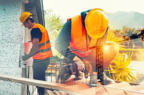 Technical workers work for the construction of new buildings Stock Photos