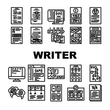 Technical writer document manual icons set vector Illustrazione stock