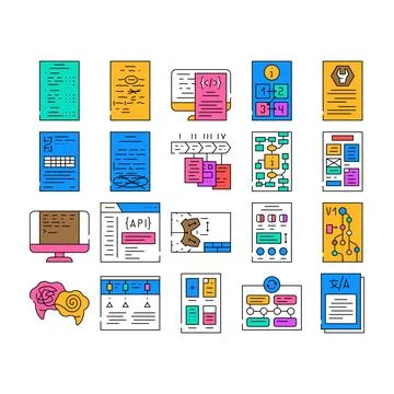 Technical writer document manual icons set vector Stock Illustration