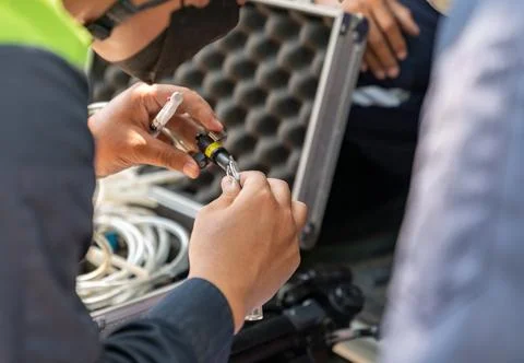 Technicial assembly sample tube for sampling air ambient in factory. Stock Photos