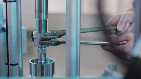 Technician Adjusting Filling Machine With Wrench, Bottling Plant, Close Up Shot Stock Footage 340358691