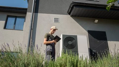 A technician adjusting a heat pump unit using a tablet in the garden of a modern 写真素材