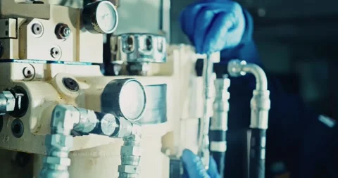 Technician Adjusting Hydraulic Machine in Industrial Setting Stock Footage 323766203