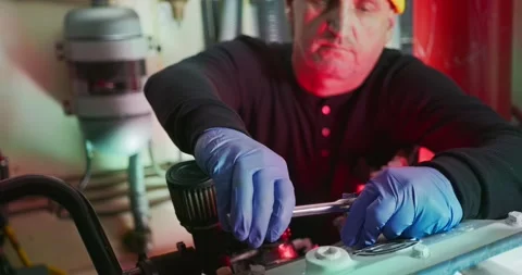 Technician Adjusting Machinery in Engine Room 库存影片 323737985