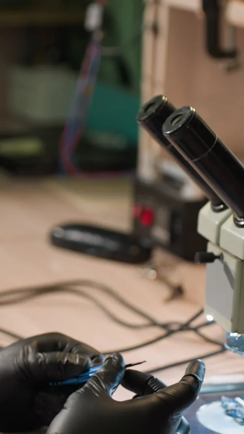 Technician Adjusting Screw with Electronic Component Under Microscope Stock Footage 310489853