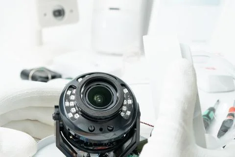 Technician adjusting security camera before installation wearing white gloves Stock Photos