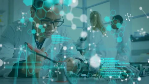 Technician adjusting soldering iron in tech lab activating code overlays guiding Stock Footage 309983796