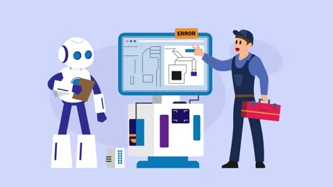 Technician and AI Robot Fixing System Error: Industrial Automation and Tech.. Stock Footage 337954622