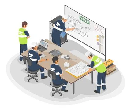 Technician and engineer meeting on machine improvement Stock Illustration