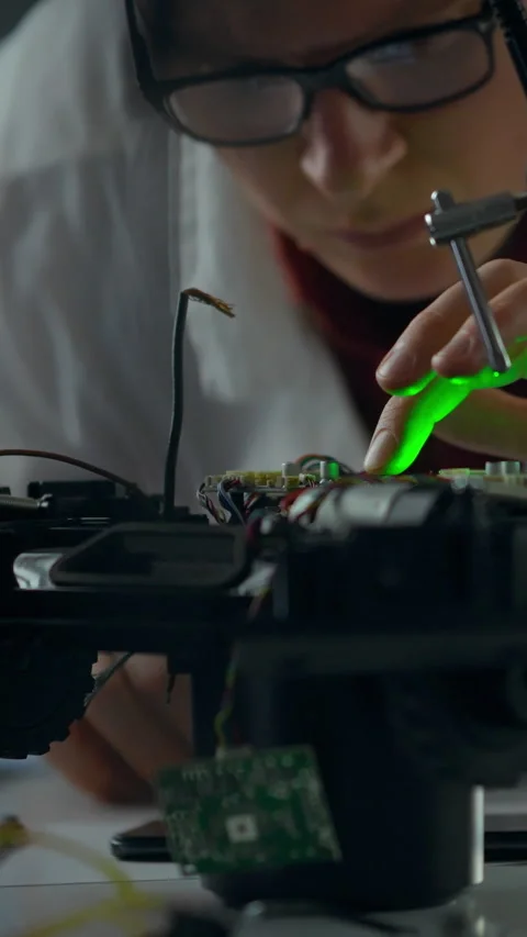 Technician assembles robotic vehicle in laboratory during evening hours 動画素材 331729689