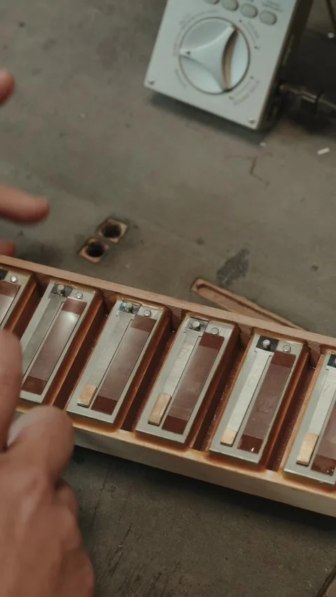 Technician assembling concertina reed block in workshop vertical 動画素材 333111399