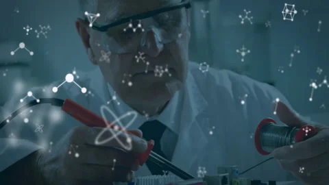 Technician bringing soldering iron to PCB pad melting solder as molecular icons Video stock 313307541